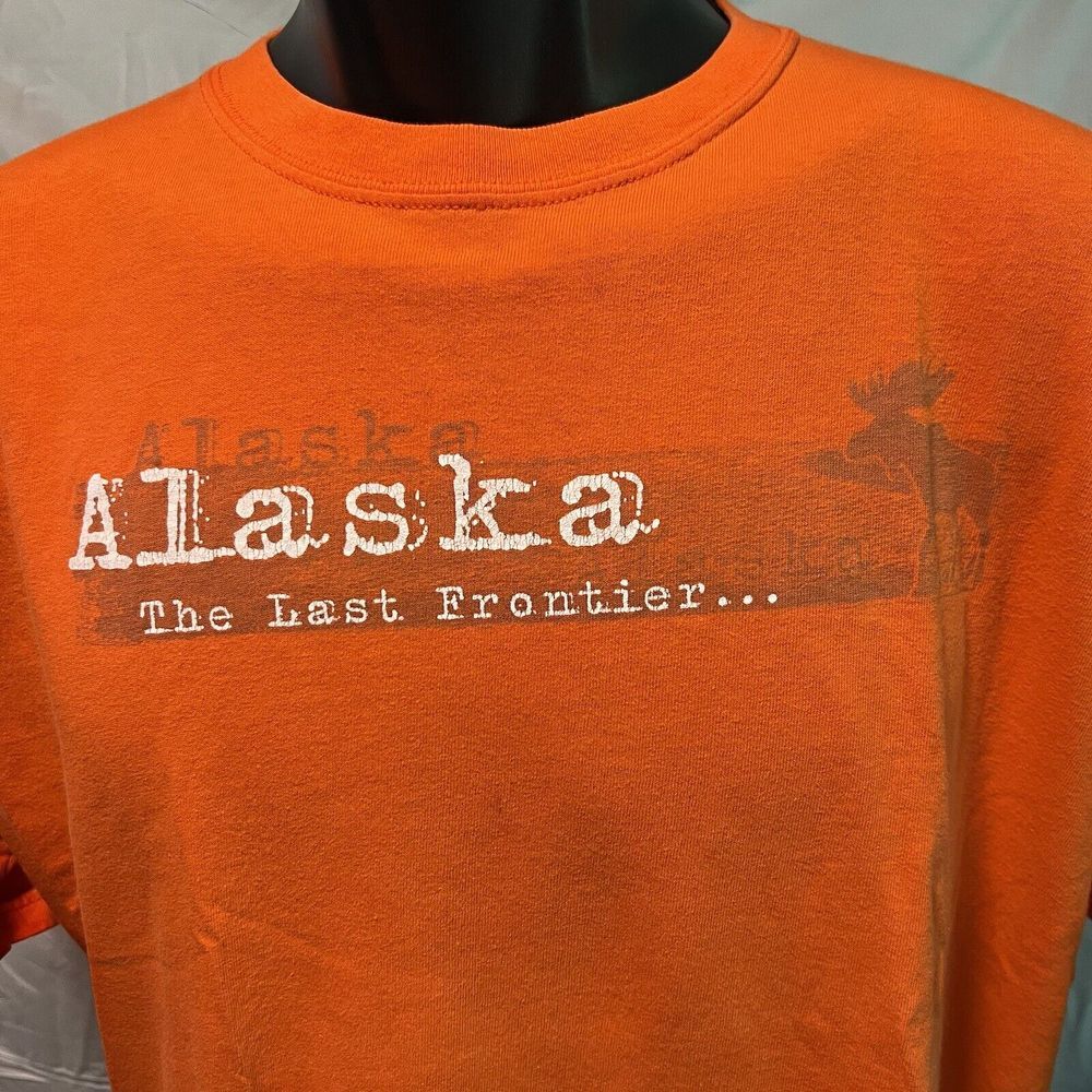 Alaska The Last Frontier Graphic TShirt Mens Size XL Logo Moose‎ Mountain Orange